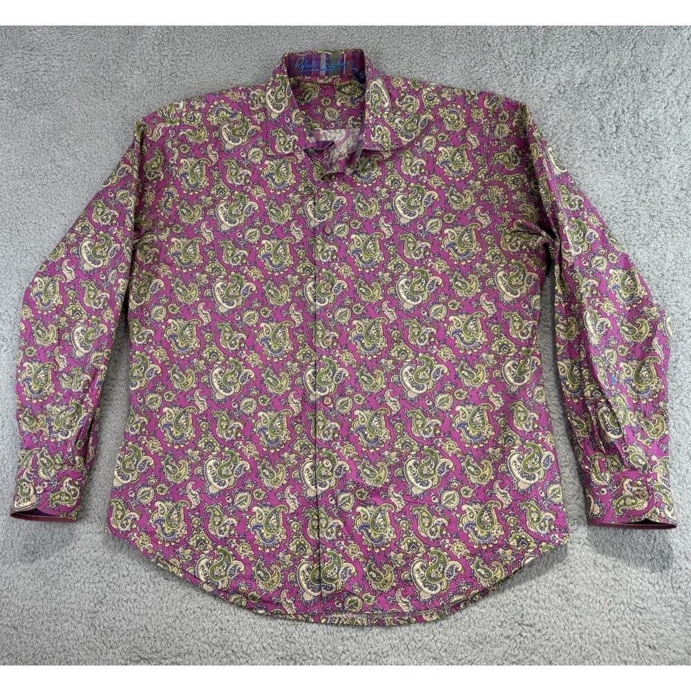 Robert Graham Men's Button Up Shirt Pink Cotton Paisley Flip Cuffs Size XL